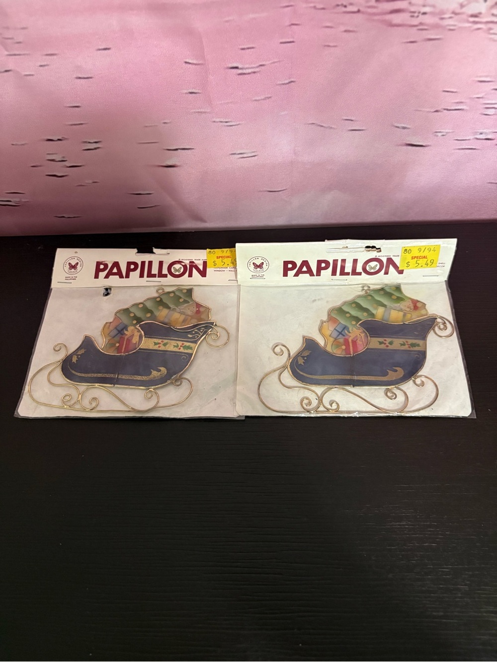 Set of 2 Natural Capiz Shell Christmas Sleigh Ornament Papillon. New old stock.